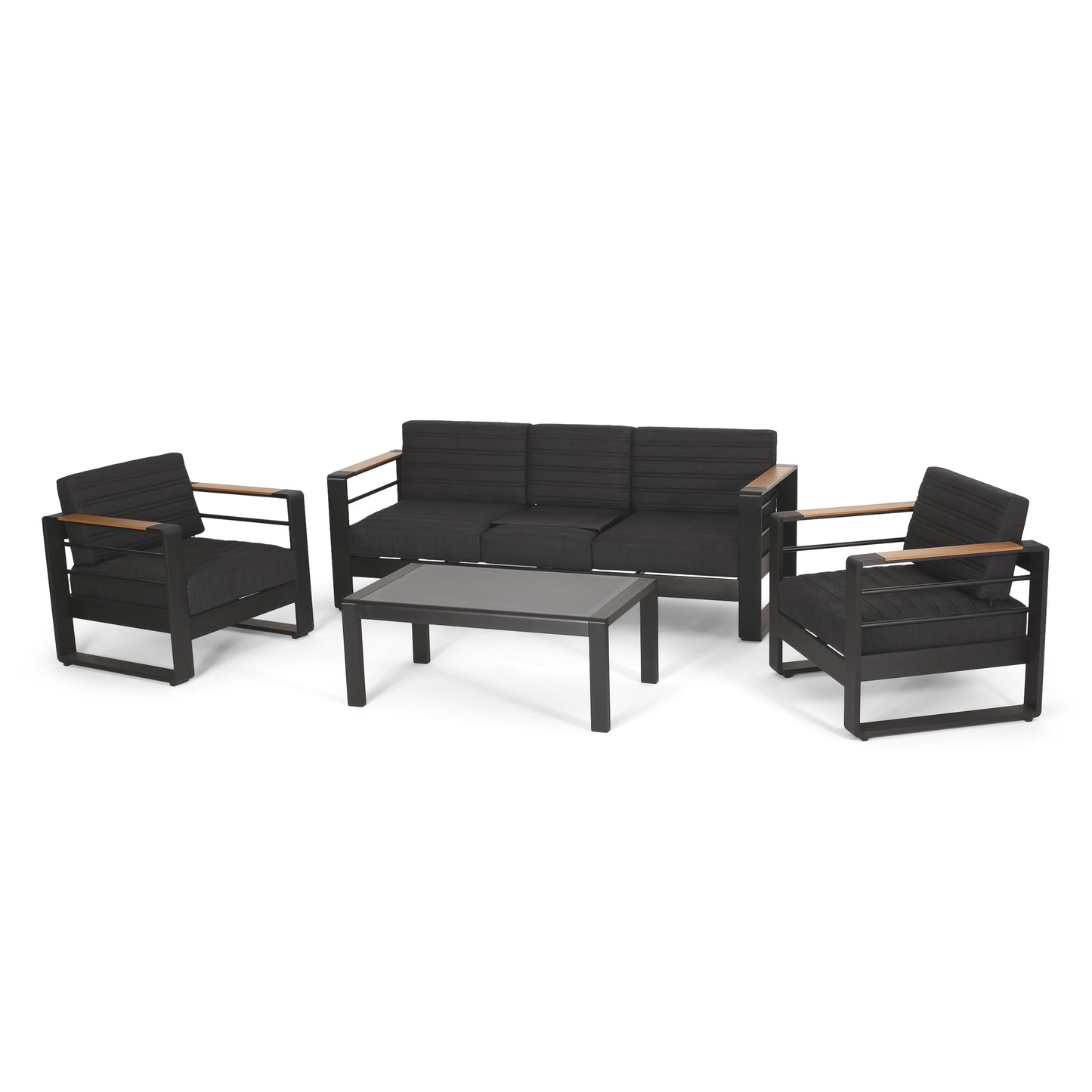 Neffs Outdoor Aluminum 5 Seater Chat Set with Water Resistant Cushions, Black, Natural, and Dark Gray