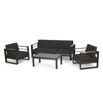 Neffs Outdoor Aluminum 5 Seater Chat Set with Water Resistant Cushions, Black, Natural, and Dark Gray
