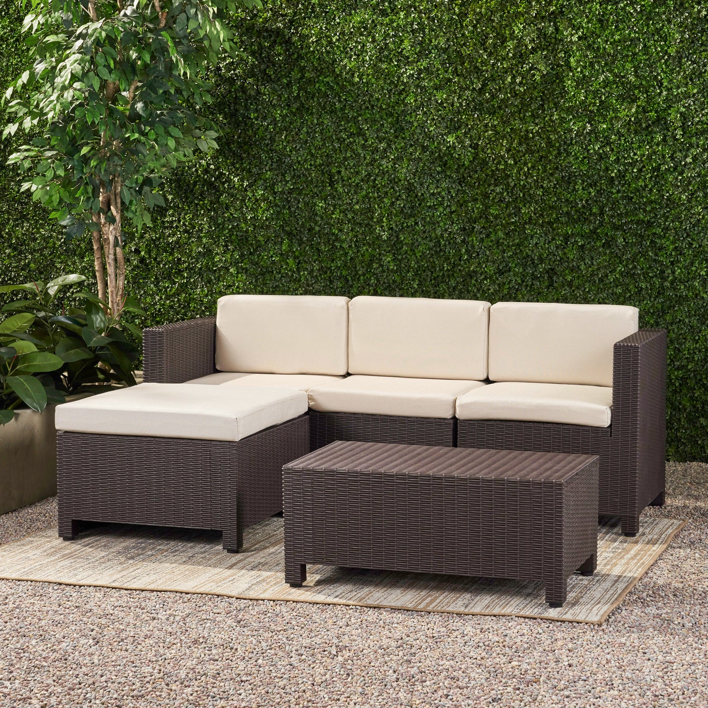 Russel Outdoor Injection Molded Small Space 3 Seater L Shaped Sectional, Dark Brown and Beige