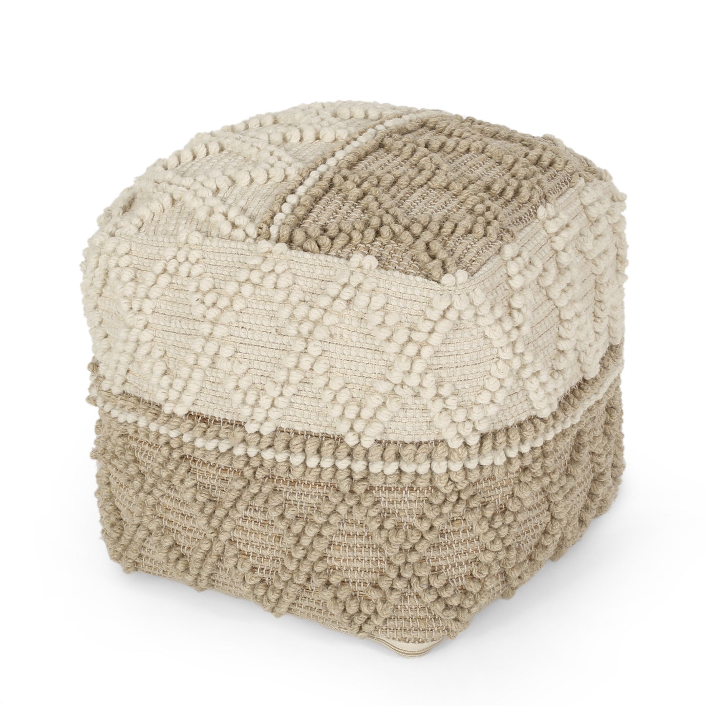 Galion Boho Handcrafted Fabric Cube Pouf, Ivory and Beige