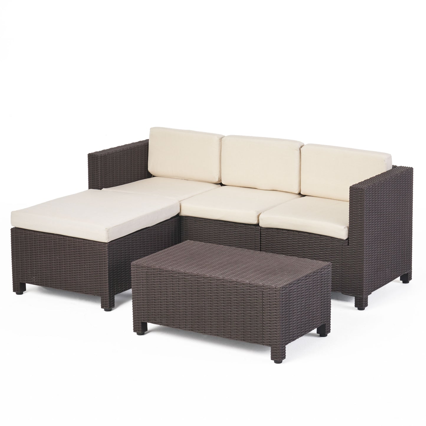 Russel Outdoor Injection Molded Small Space 3 Seater L Shaped Sectional, Dark Brown and Beige