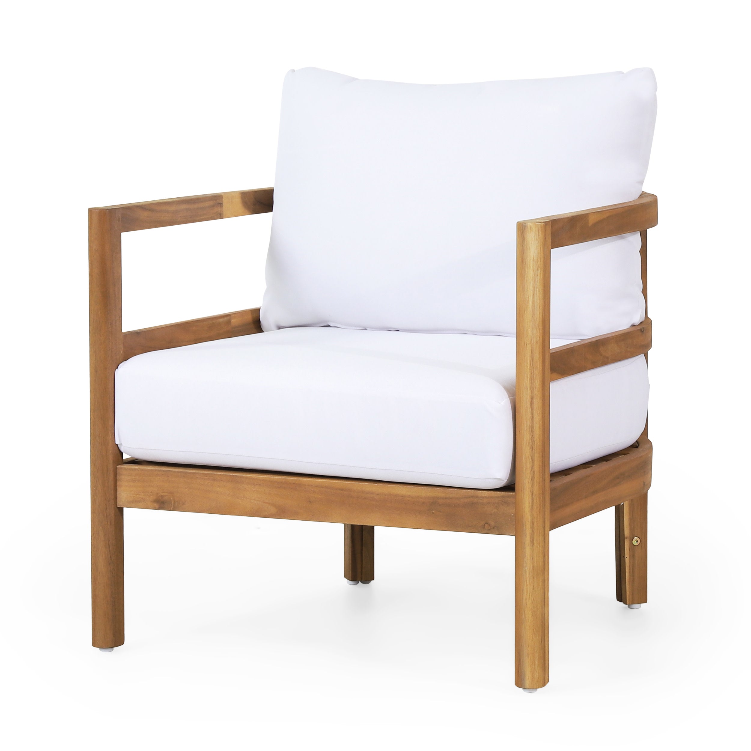 Aggie Outdoor Acacia Wood Club Chair with Cushions, Teak and White ...