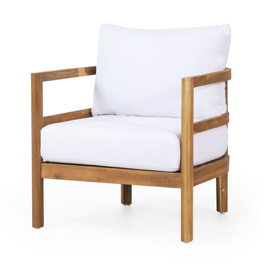 Aggie Outdoor Acacia Wood Club Chair with Cushions, Teak and White