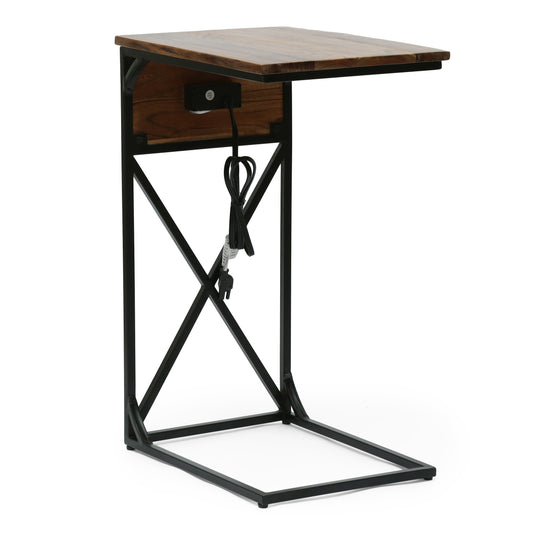 Sunqueen Modern Industrial Handcrafted Acacia Wood C-Shaped Side Table with Charging Port, Natural and Black