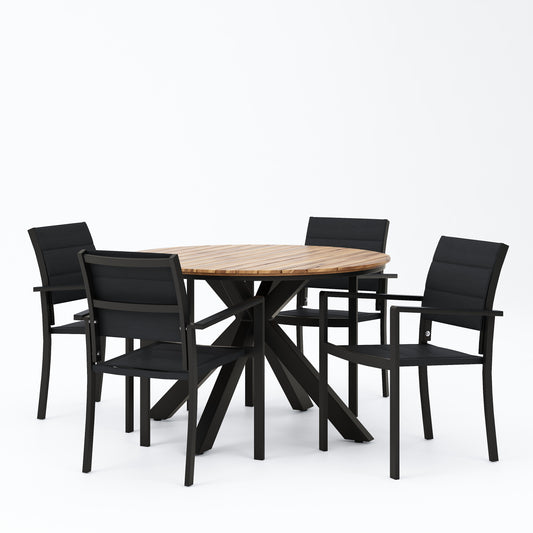 Mellie Outdoor Mesh and Acacia Wood 5 Piece Dining Set, Black and Teak