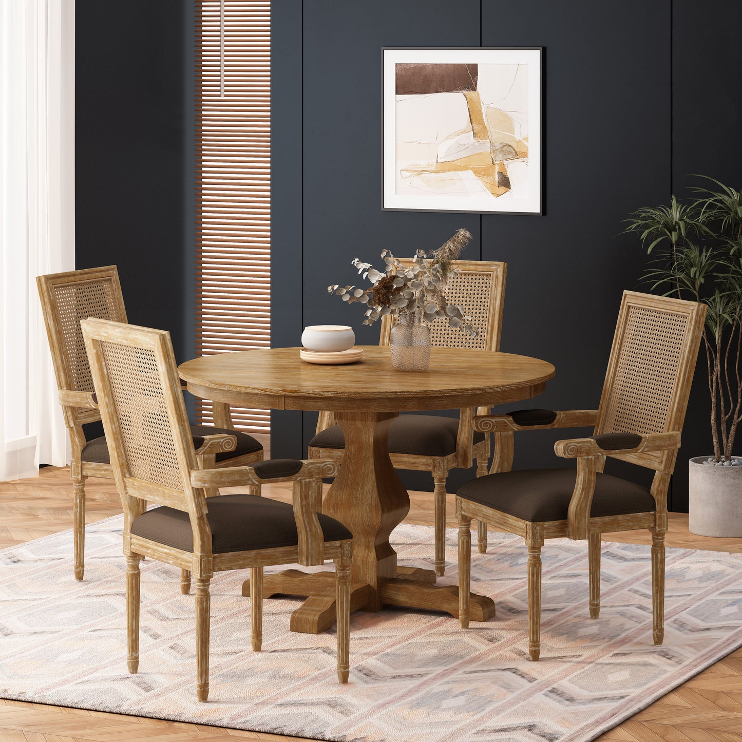 Joretta French Country Fabric Upholstered Wood and Cane 5 Piece Circular Dining Set
