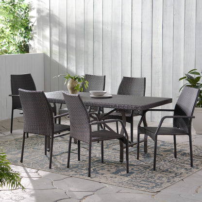 Alexi Outdoor Transitional 7-Piece Multi-Brown Wicker Dining Set with Arm Chairs