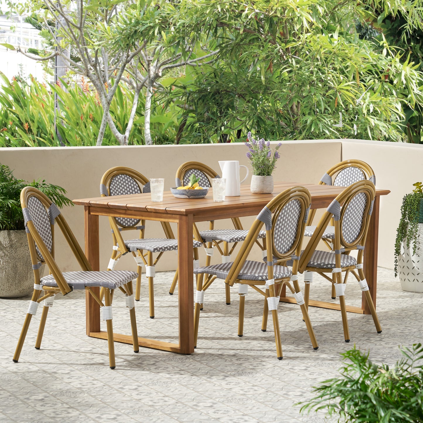 Varva Outdoor Acacia Wood and Wicker 7 Piece Dining Set