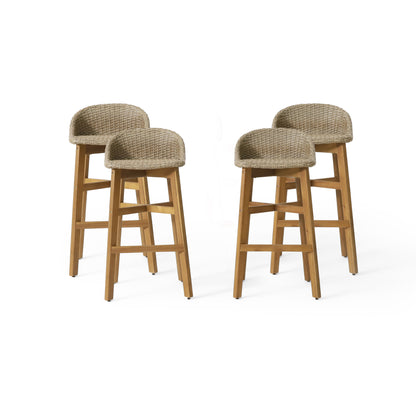 Beeson Outdoor Wicker and Acacia Wood 30 Inch Barstools, Set of 4, Light Multibrown and Teak