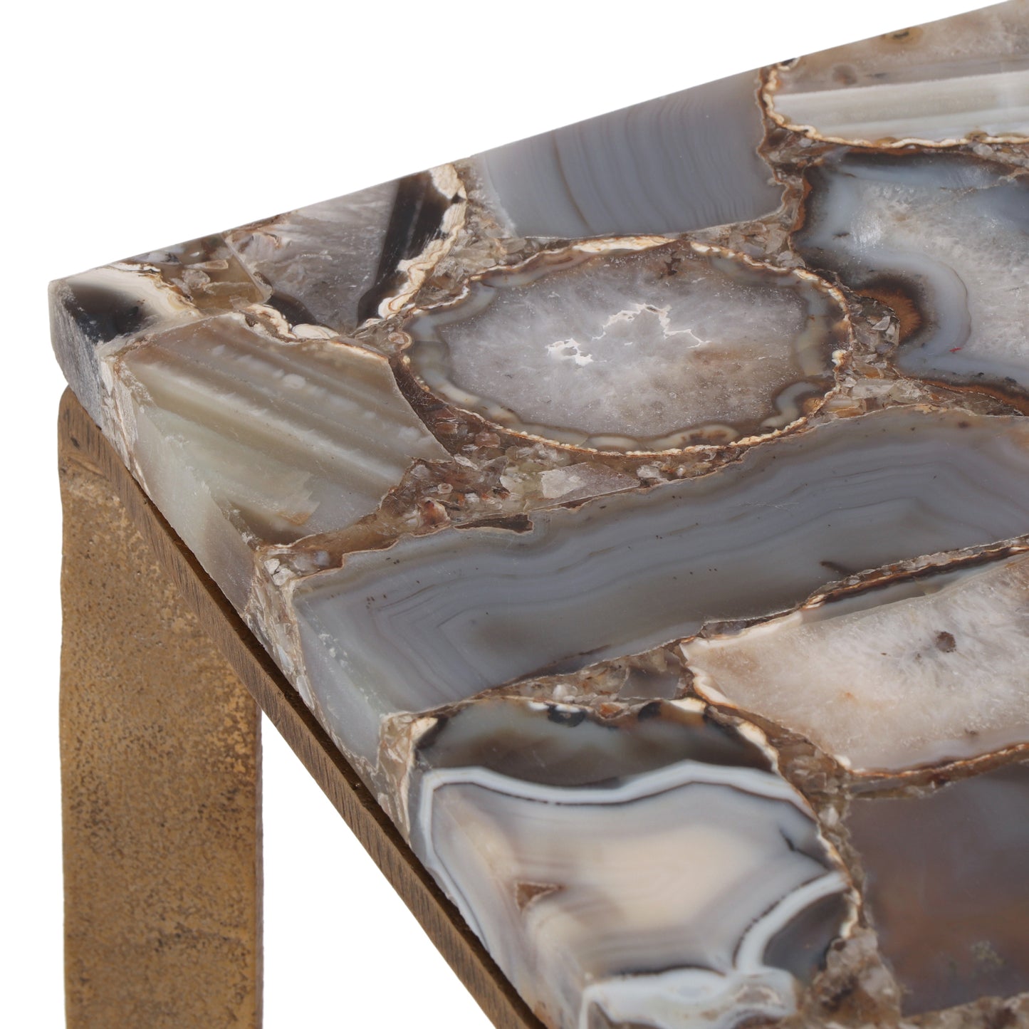 Bridger Boho Glam Handcrafted Aluminum Side Table with Agate Marble Top, Natural and Raw Brass