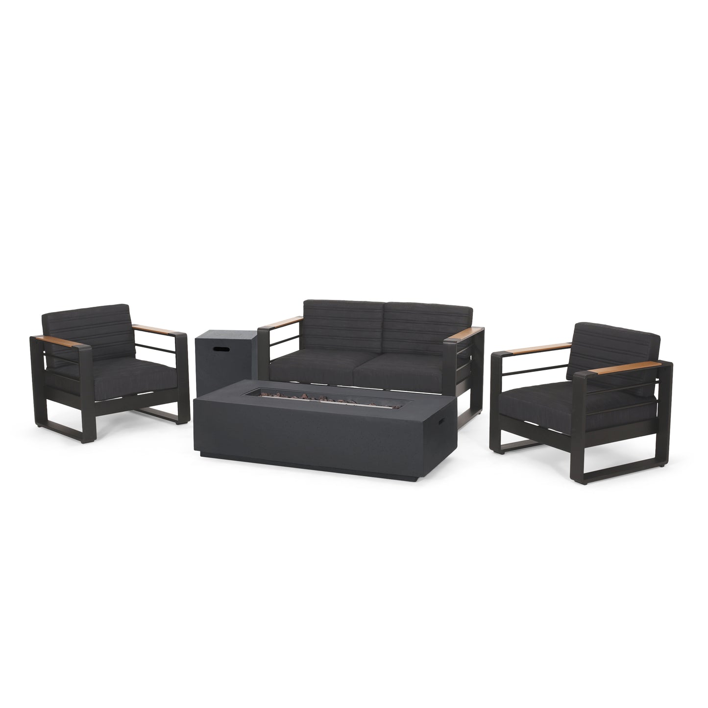 Neffs Outdoor Aluminum 4 Seater Chat Set with Fire Pit, Black, Natural, and Dark Gray
