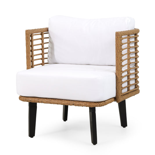 Rauser Outdoor Wicker Club Chair with Water Resistant Cushion, Light Brown and White