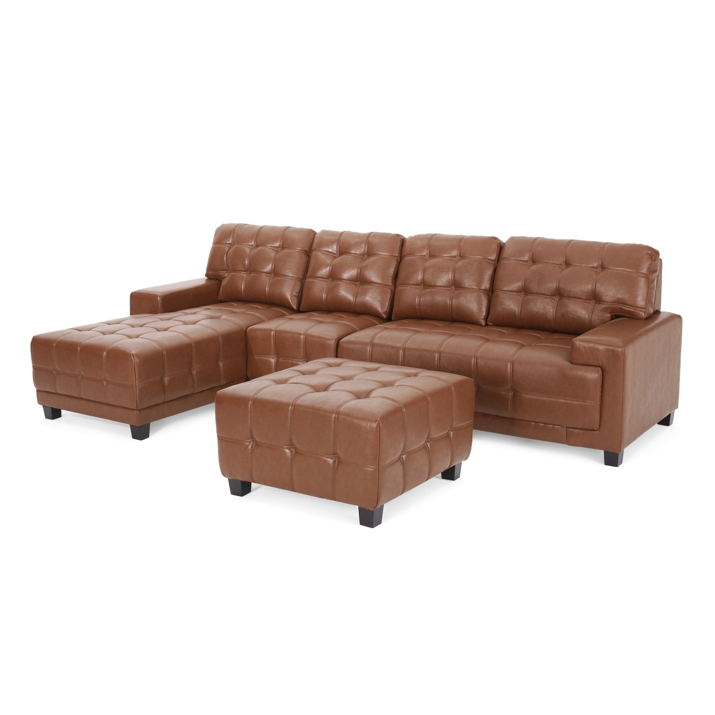 Littell Contemporary Faux Leather Tufted 4 Seater Sofa and Chaise Lounge Sectional Set with Ottoman