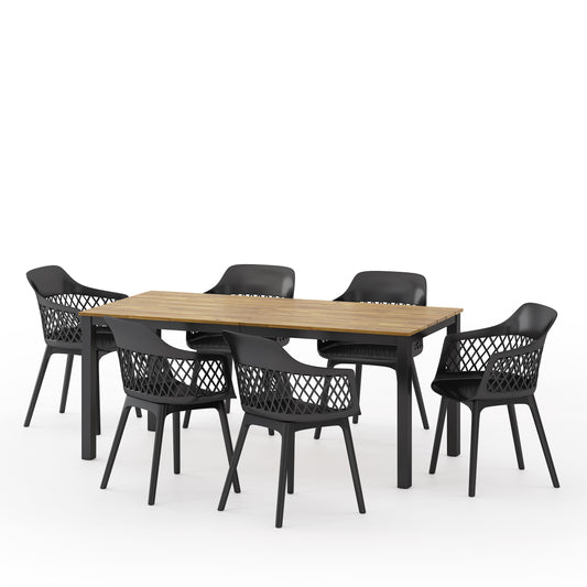 Tokota Outdoor Wood and Resin 7 Piece Dining Set, Black and Teak