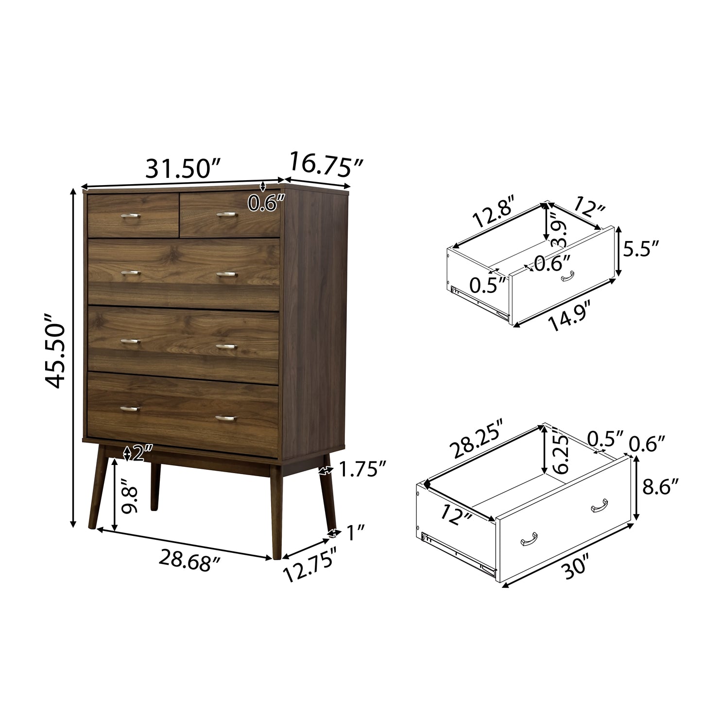Wilbur Mid Century Modern Wooden 5 Drawer Dresser
