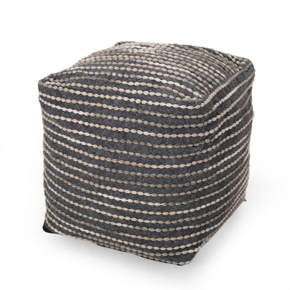 Purvis Jarrett Boho Handcrafted Fabric Cube Pouf, Ivory, Beige, and Gray