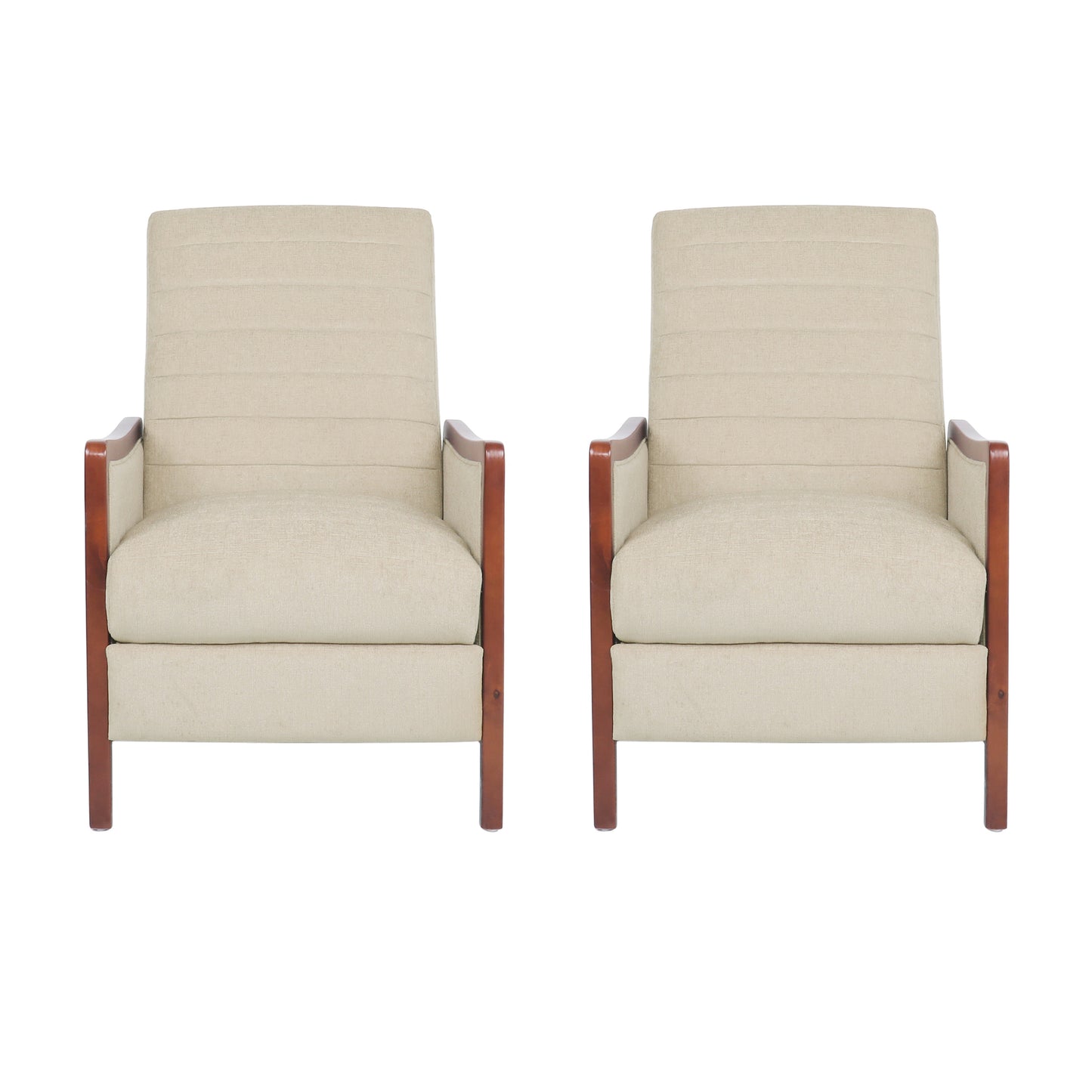 Mendota Mid Century Modern Fabric Channel Stitch Wood Pushback Recliners, Set of 2