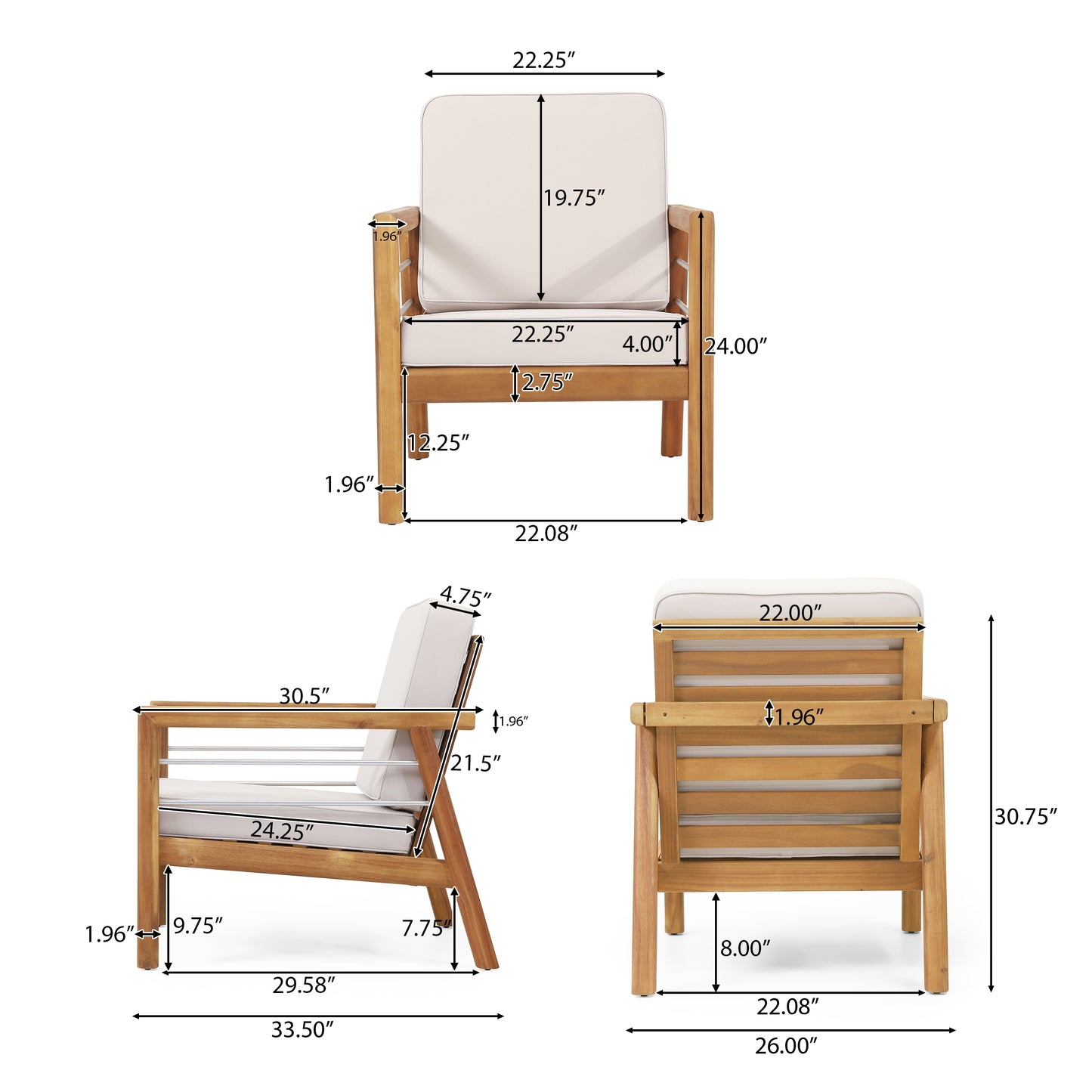 Lindsey Outdoor Acacia Wood Club Chair with Cushions, Teak and Beige