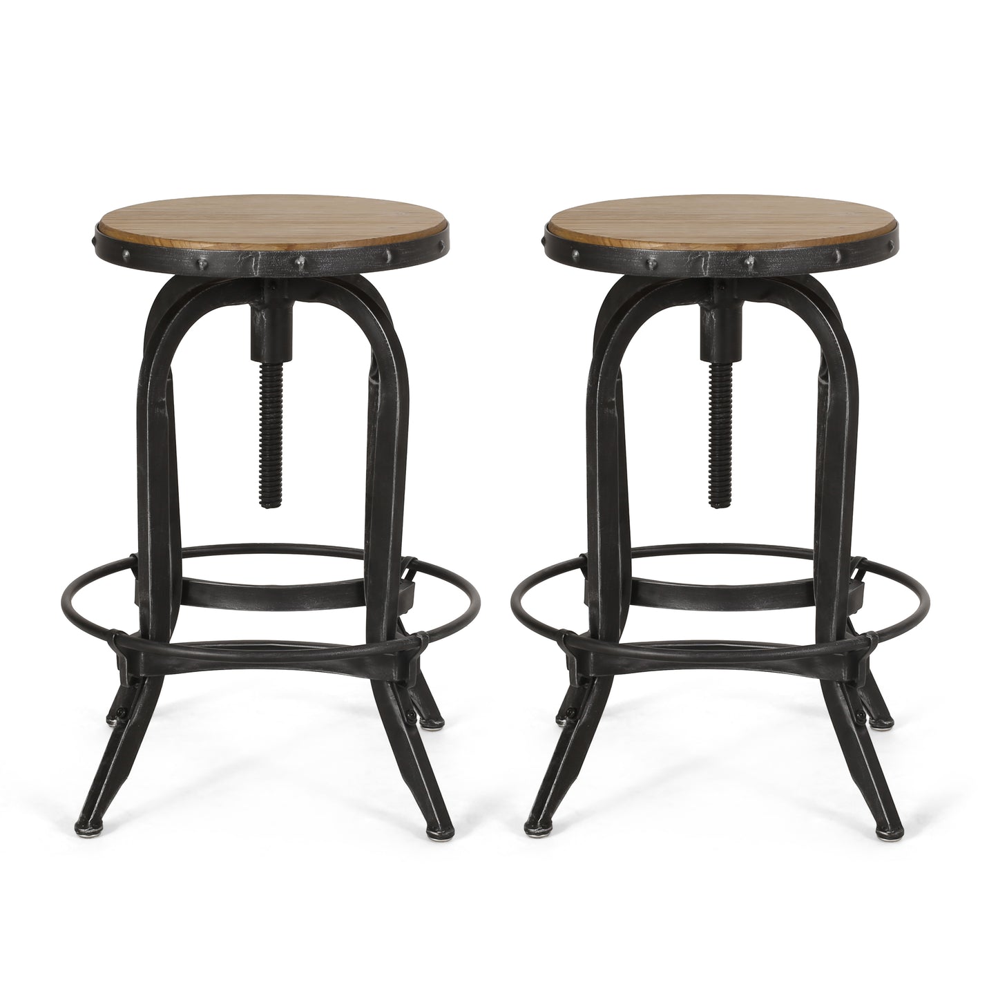 Cedarville Industrial Firwood Adjustable Height Swivel Barstools, Set of 2, Antique Natural and Pewter