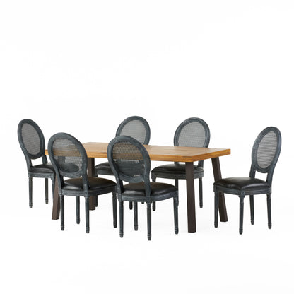 Warbler Farmhouse Faux Leather Upholstered Wood and Rattan 7 Piece Dining Set, Natural, Midnight Black, and Gray