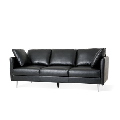 Syosset Modern Faux Leather 3 Seater Sofa with Pillows