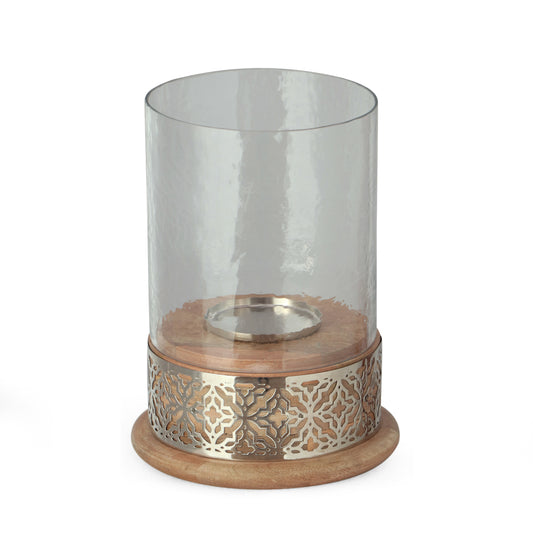 Mondell Boho Handcrafted Mango Wood Hurricane Candle Holder, Natural and Nickel