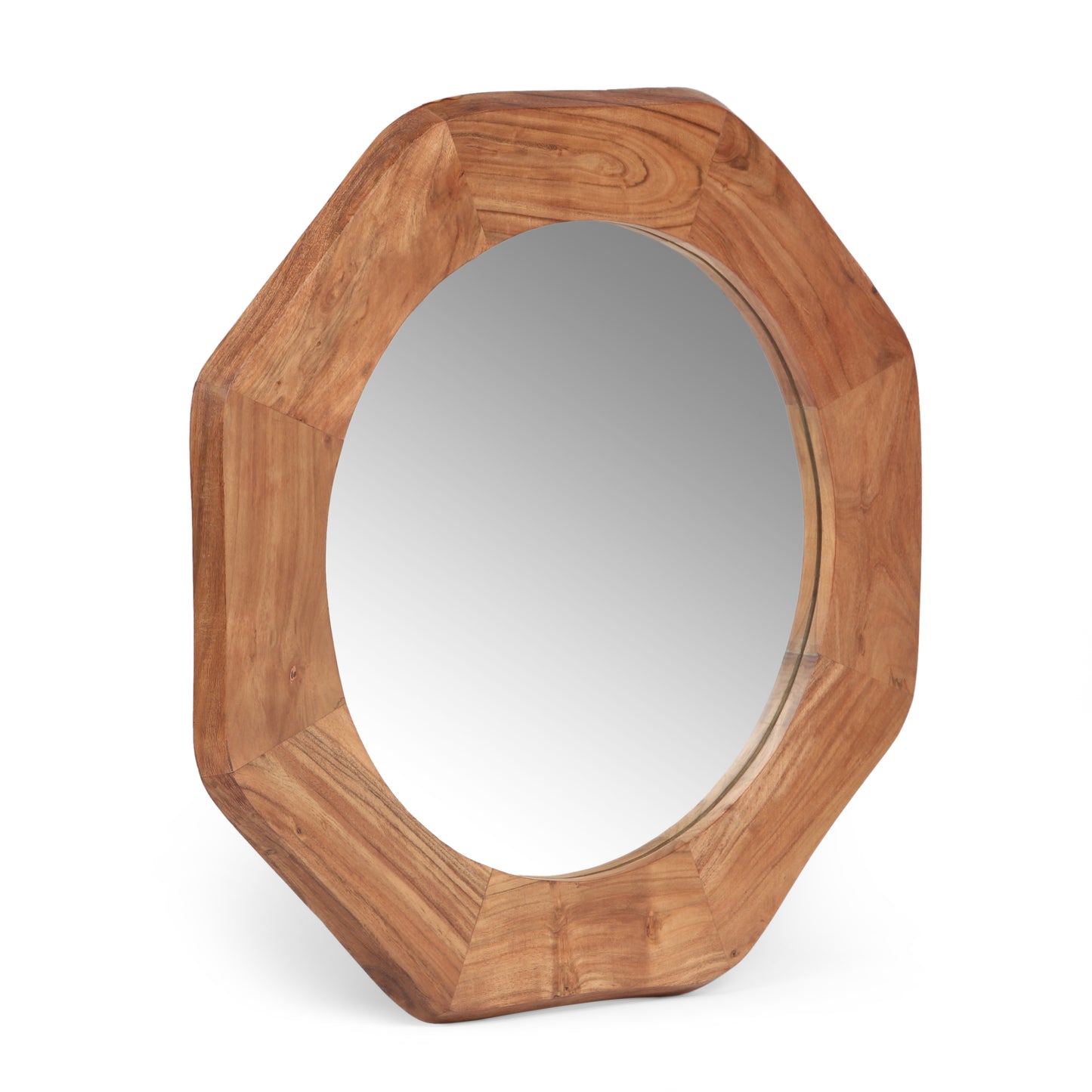 Ferrat Rustic Handcrafted Acacia Wood Round Wall Mirror, Natural