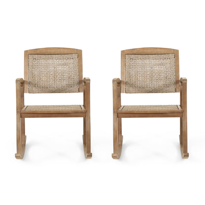 Uintah Outdoor Acacia Wood and Wicker Rocking Chair, Set of 2, Light Brown