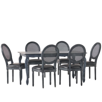 Midland French Country Upholstered Wood and Cane Expandable 7 Piece Dining Set