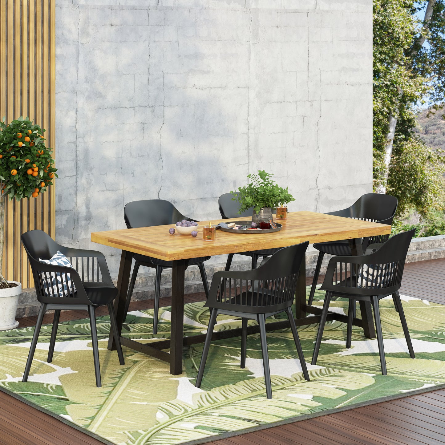 Irene Outdoor Wood and Resin 7 Piece Dining Set, Black and Sandblasted Teak