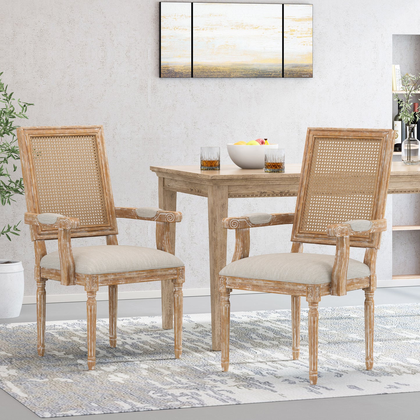 Zentner French Country Upholstered Wood and Cane Upholstered Dining Chairs, Set of 2