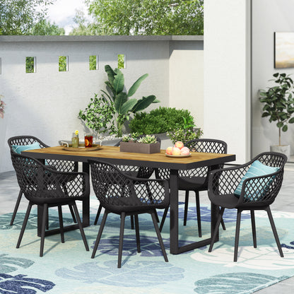 Strada Outdoor Wood and Resin 7 Piece Dining Set, Black and Teak