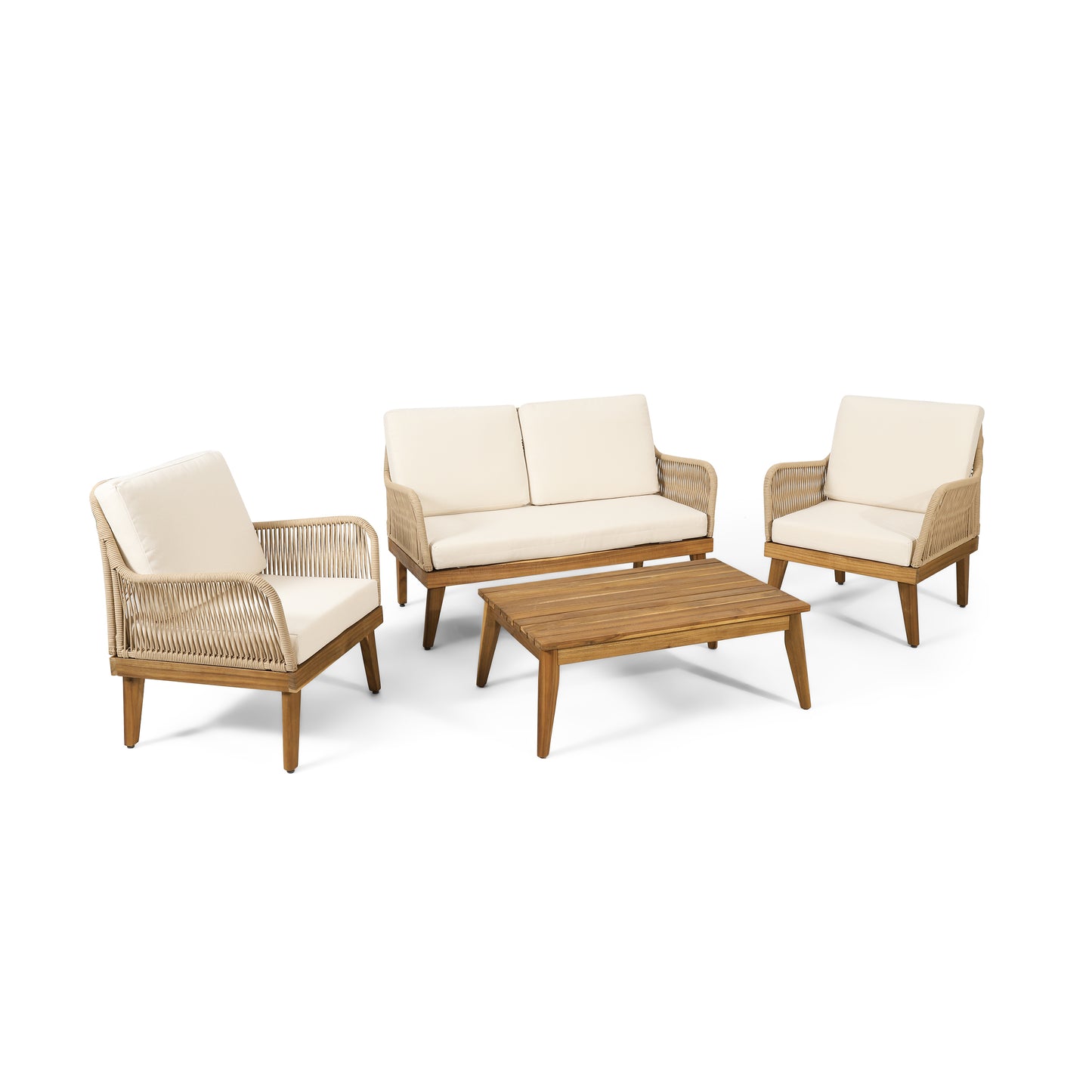 Hueber Outdoor Acacia Wood Chat Set with Cushion, Teak, Light Brown, and Beige