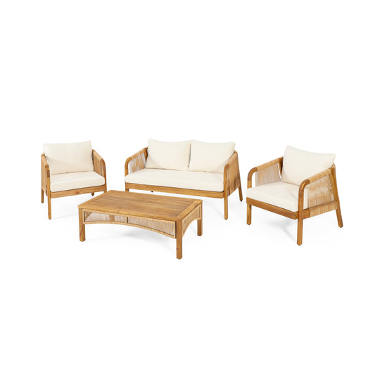 Allerton Outdoor Acacia Wood and Wicker 4 Seater Chat Set with Cushions, Teak, Light Brown, and Beige