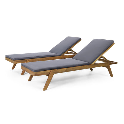 Larimore Outdoor Acacia Wood Chaise Lounge with Water Resistant Cushions, Set of 2