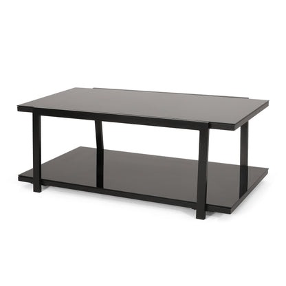 Tilley Modern Glass Top Coffee Table with Shelf, Black