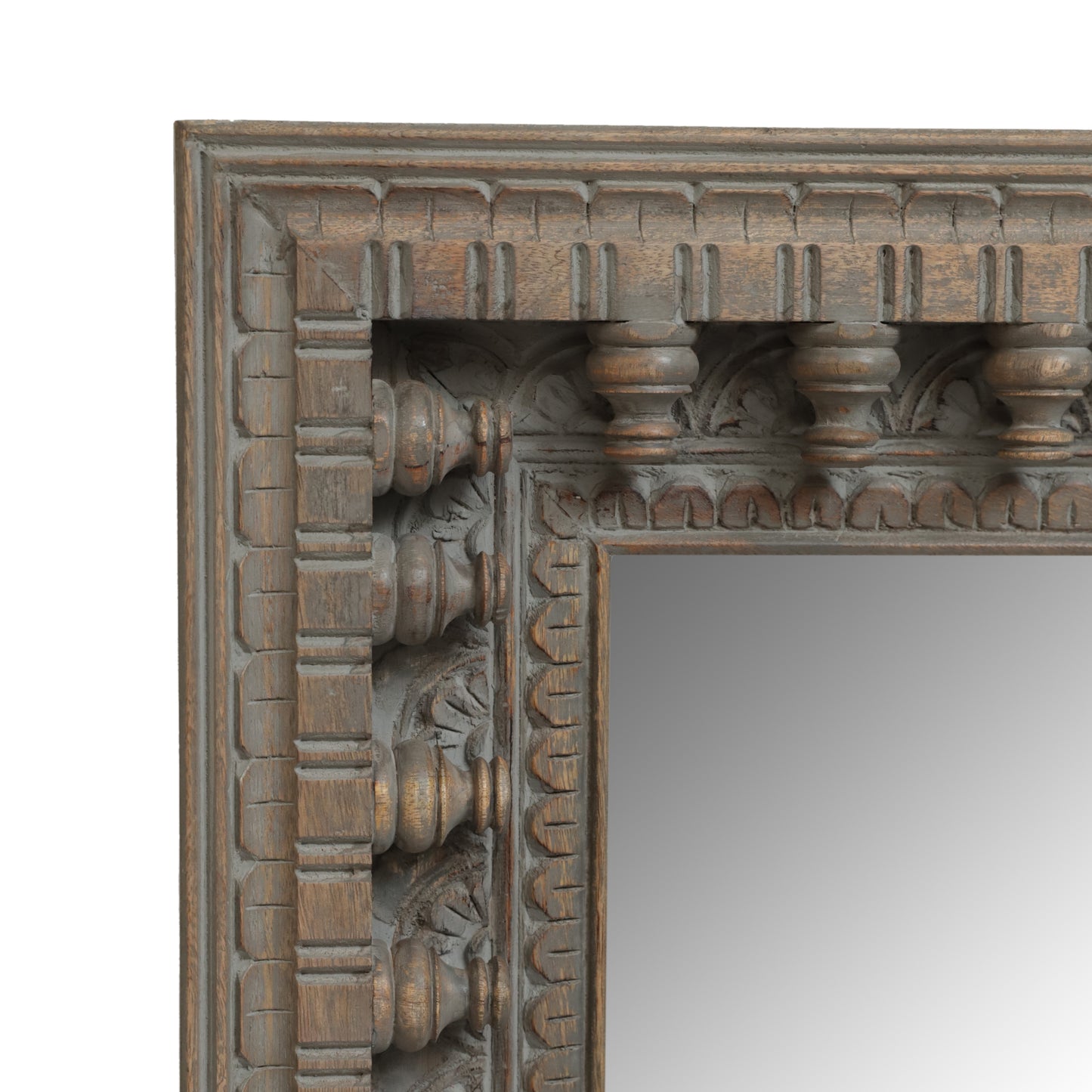 Finn Boho Handcrafted Mango Wood Carved Hanging Floor Mirror, Distressed Gray