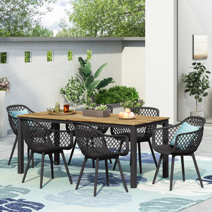 Tate Outdoor Wood and Resin 7 Piece Dining Set, Black and Teak