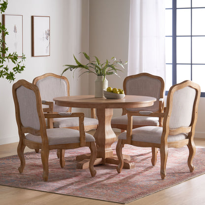 Absaroka French Country Fabric Upholstered Wood 5 Piece Circular Dining Set