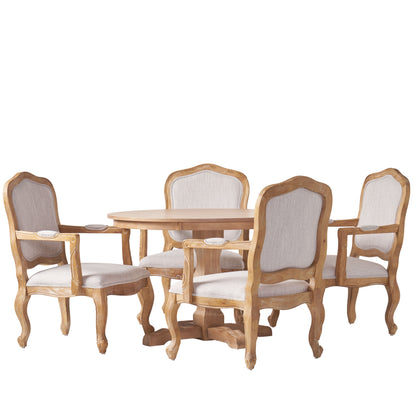 Absaroka French Country Fabric Upholstered Wood 5 Piece Circular Dining Set