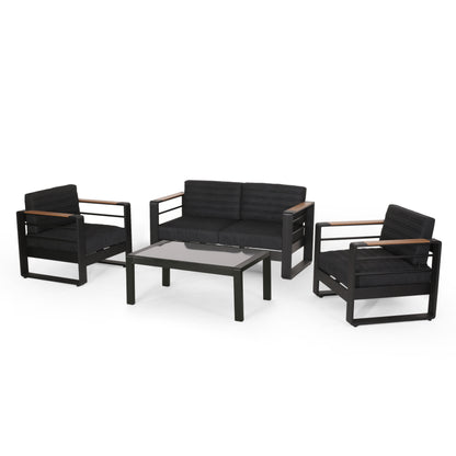 Neffs Outdoor Aluminum 4 Seater Chat Set, Black, Natural, and Gray