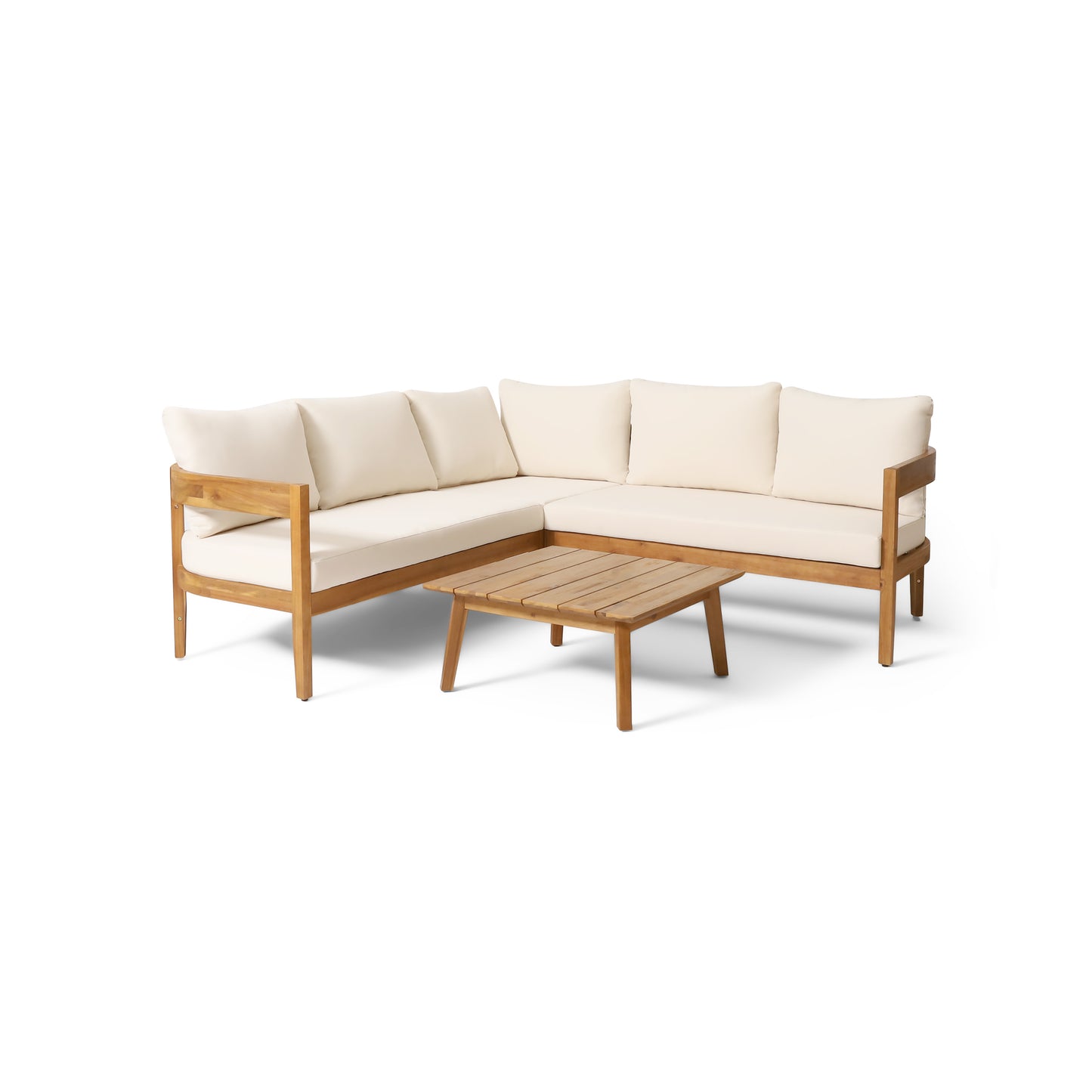 Brooklyn Outdoor Acacia Wood 5 Seater Sectional Sofa Chat Set with Cushions, Teak and Beige