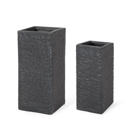 Leiman Outdoor Medium and Small Cast Stone Planters, Set of 2, Gray