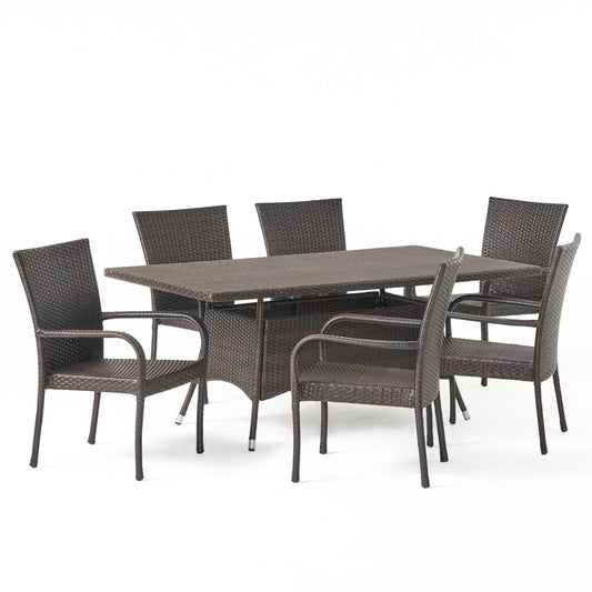 Kory Outdoor 7-Piece Multi-Brown Wicker Dining Set with Umbrella Hole