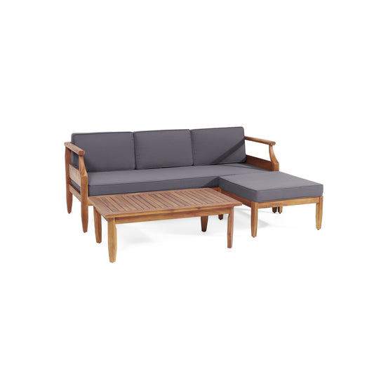 Bianca Mid-Century Modern Acacia Wood 3 Seater Sofa Chat Set with Ottoman, Teak and Dark Gray