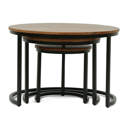 Tignall Modern Industrial Handcrafted Mango Wood Nested Tables (Set of 3), Honey Brown and Black