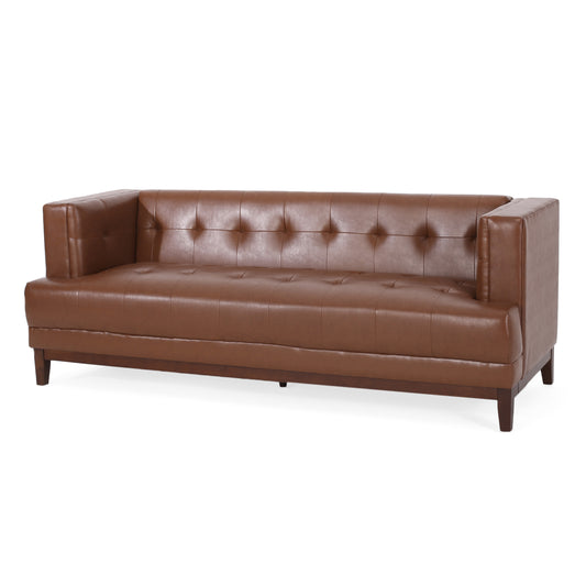 Stefan Mid Century Modern Faux Leather Tufted 3 Seater Sofa