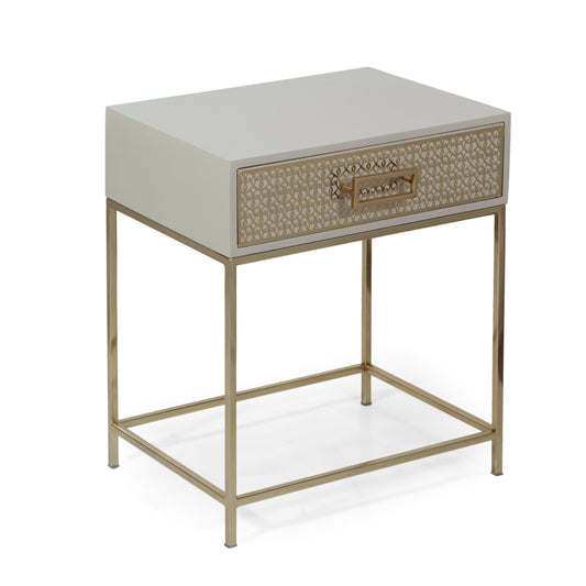 Sonnette Modern Glam Handcrafted Scroll Mesh Nightstand, Light Gray and Gold