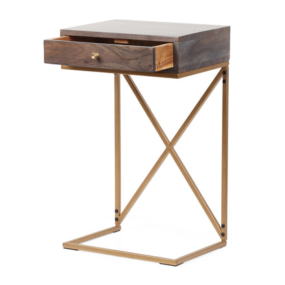 Darke Rustic Glam Handcrafted Acacia Wood C-Shaped Side Table, Dark Brown and Gold