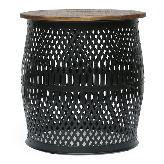 Woodbine Modern Industrial Handcrafted Mango Wood Lace Cut Side Table, Natural and Black